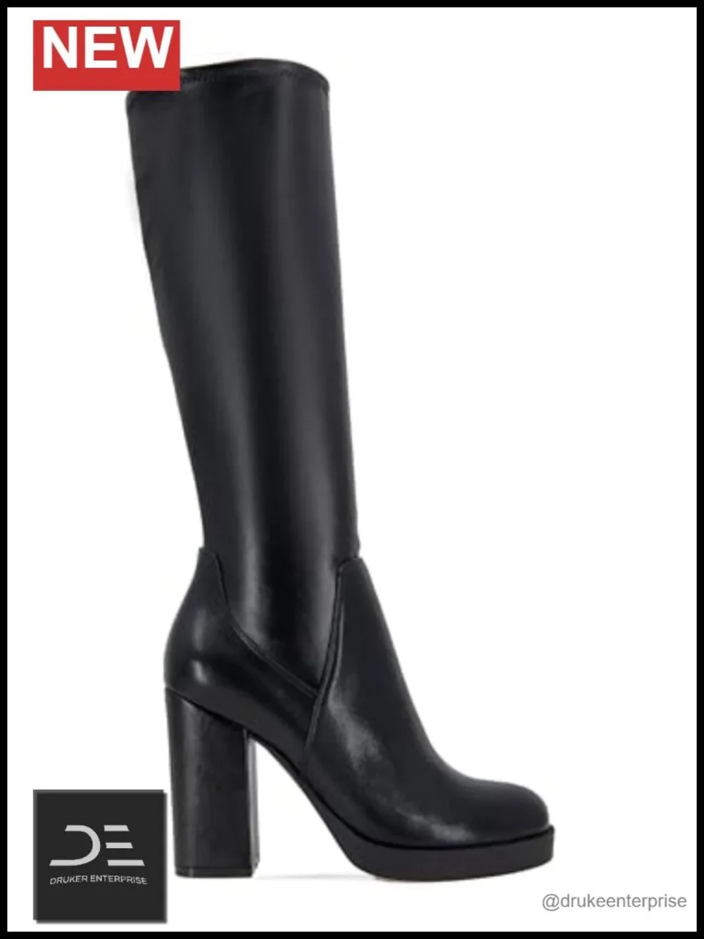 Faux Stretch Leather Knee High Boots Zip Closure Round Toe Block Heel Bootie